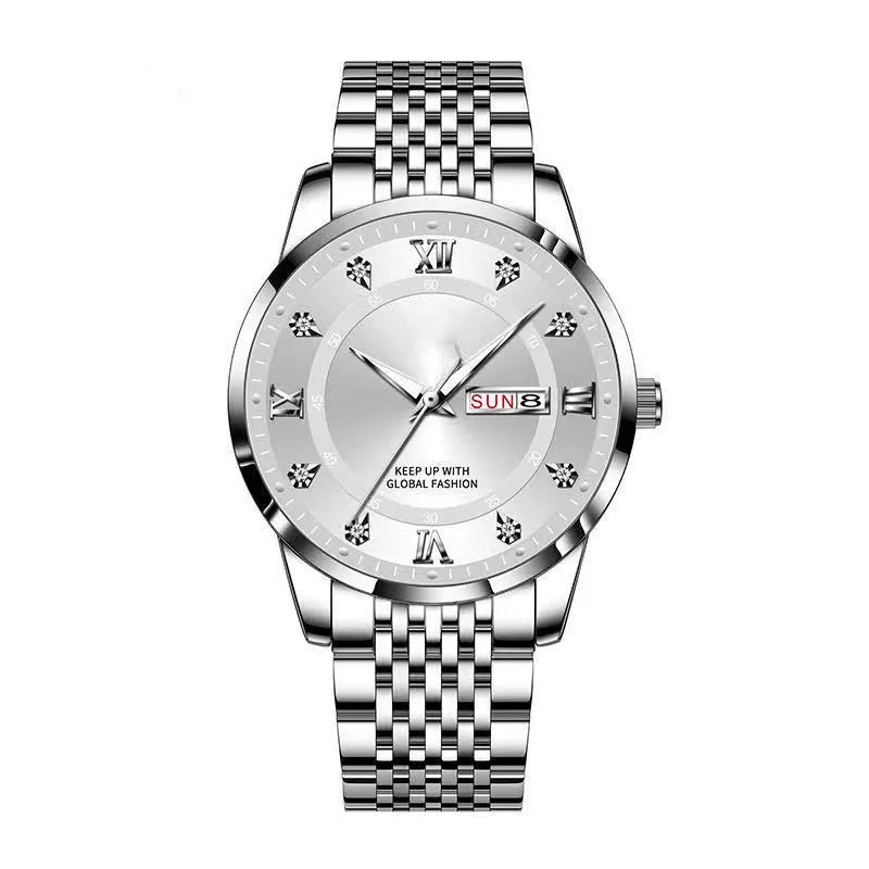 Men's quartz calendar week display watch with luminous dial, 42mm alloy case, stainless steel buckle, intergold colour