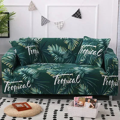 Geometric patterned stretch sofa slipcover fitted on a three-seater sofa