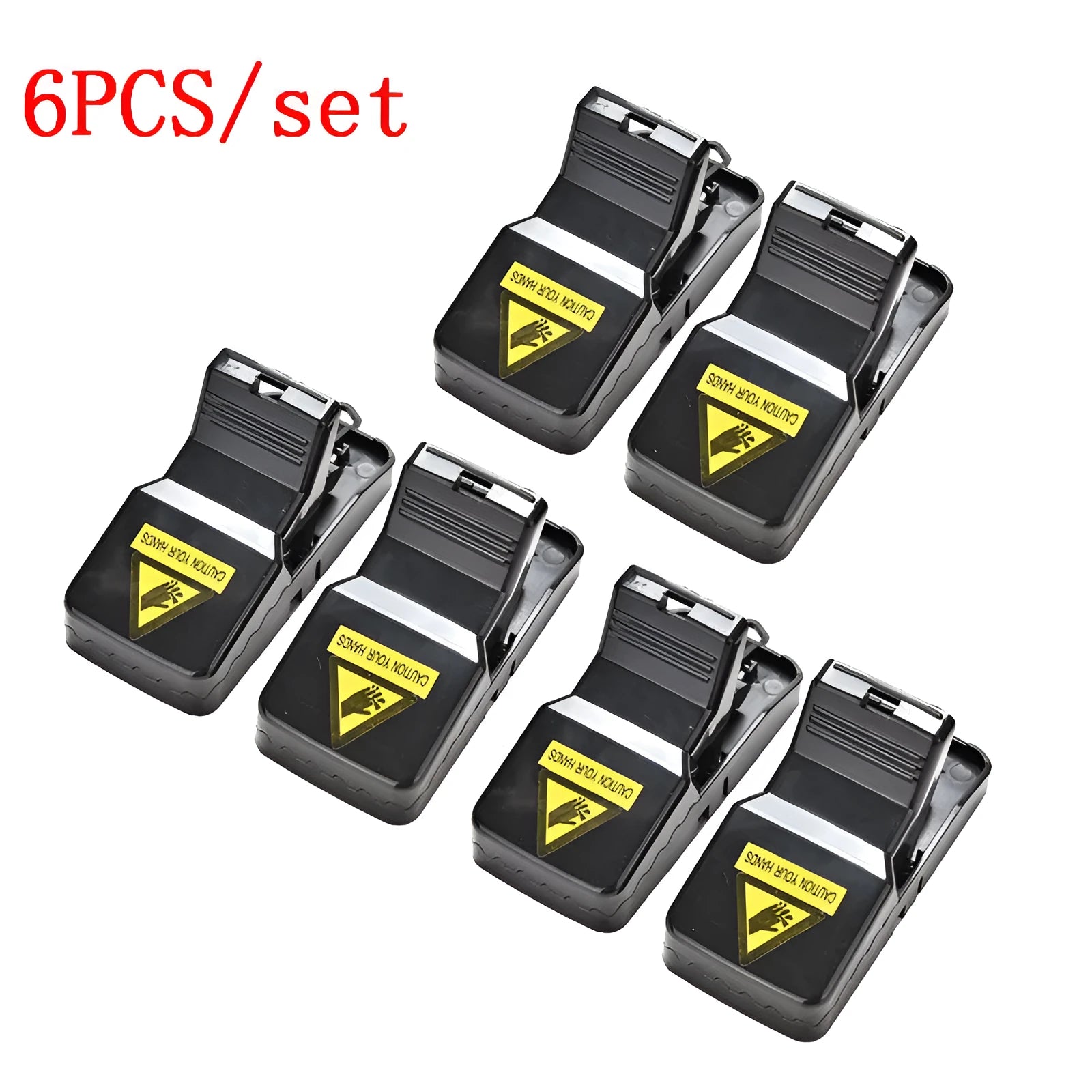 Six black plastic snapping mousetraps with dimensions 11cm long by 5cm wide