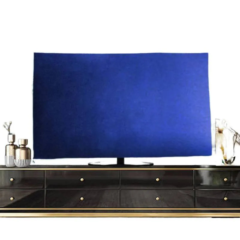 Soft pink velvet TV cover draped over a television screen showing size and colour options.