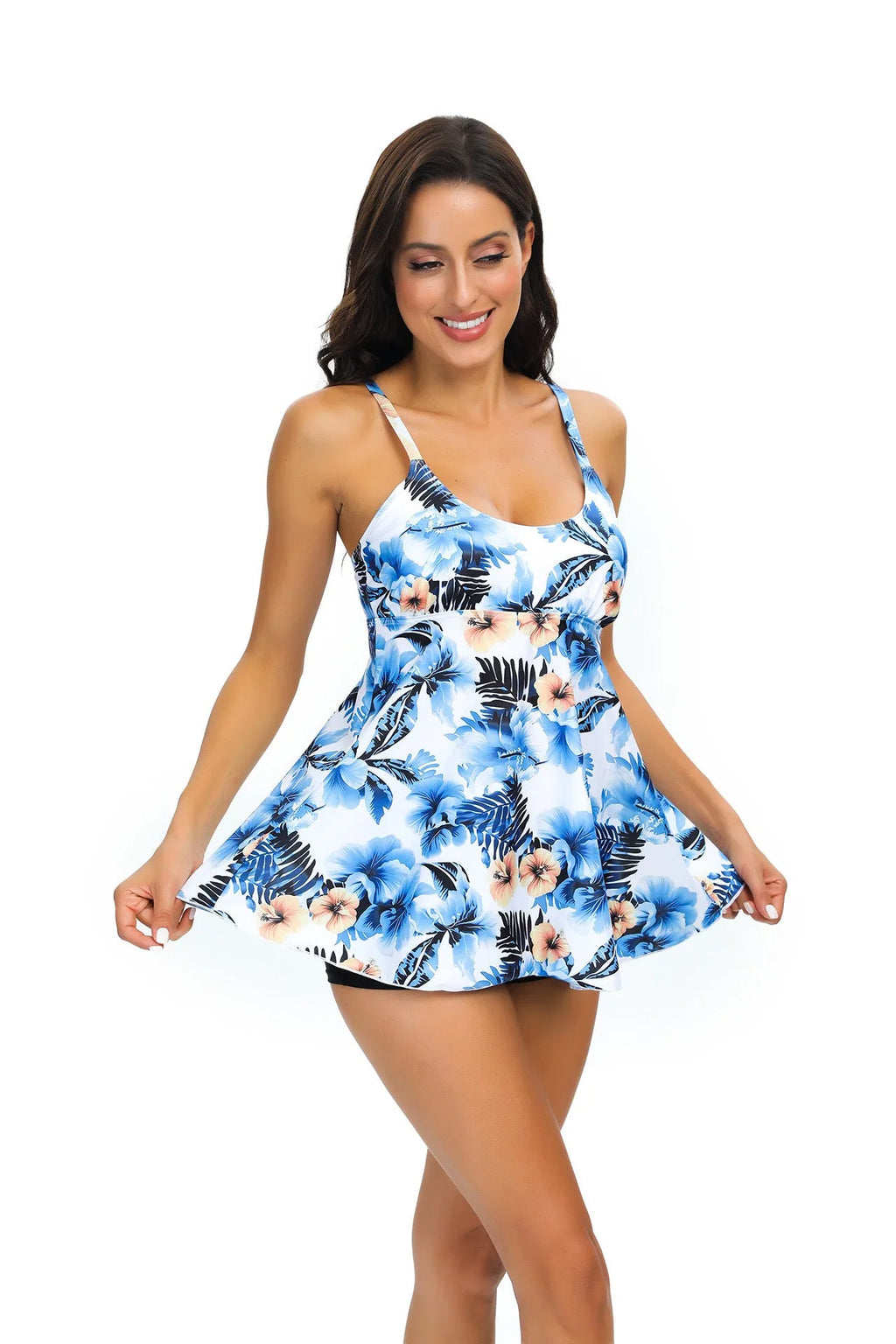 Women's floral printed tankini swimsuit with loose skirt and sleeveless design