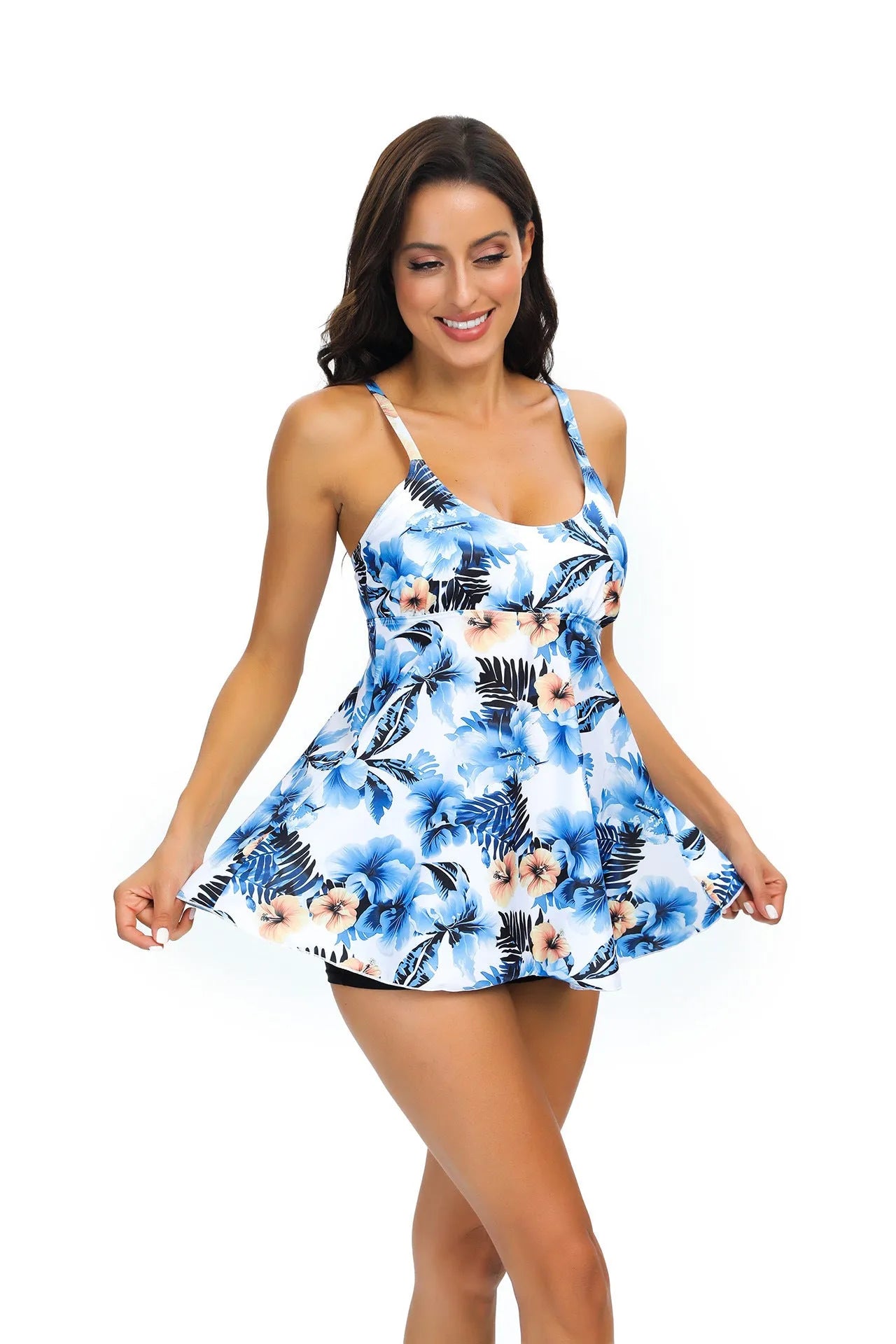 Women's floral printed tankini swimsuit with loose skirt and sleeveless design