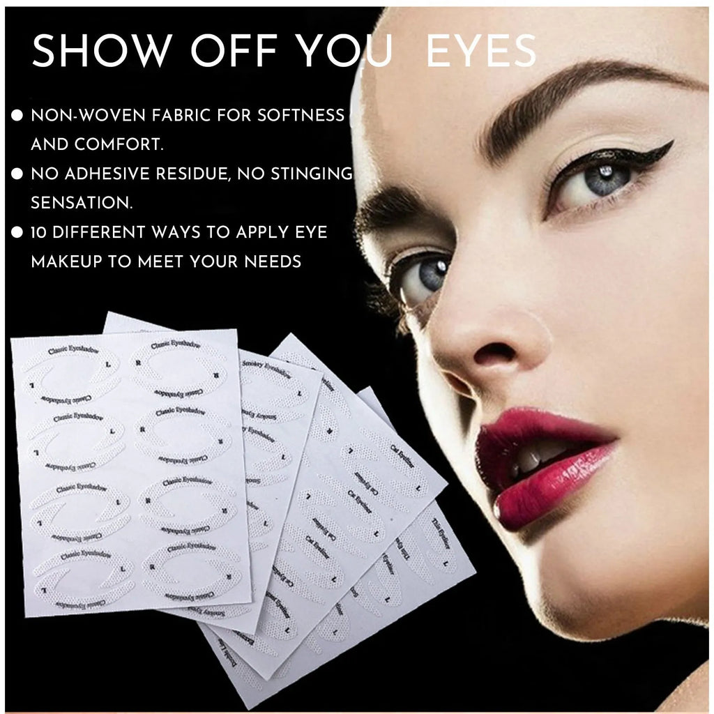 Set of four clear, flexible eyeliner and eyeshadow stencil stickers on a pink background.