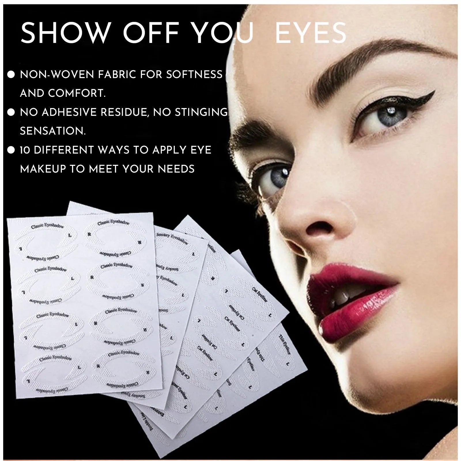 Set of four clear, flexible eyeliner and eyeshadow stencil stickers on a pink background.