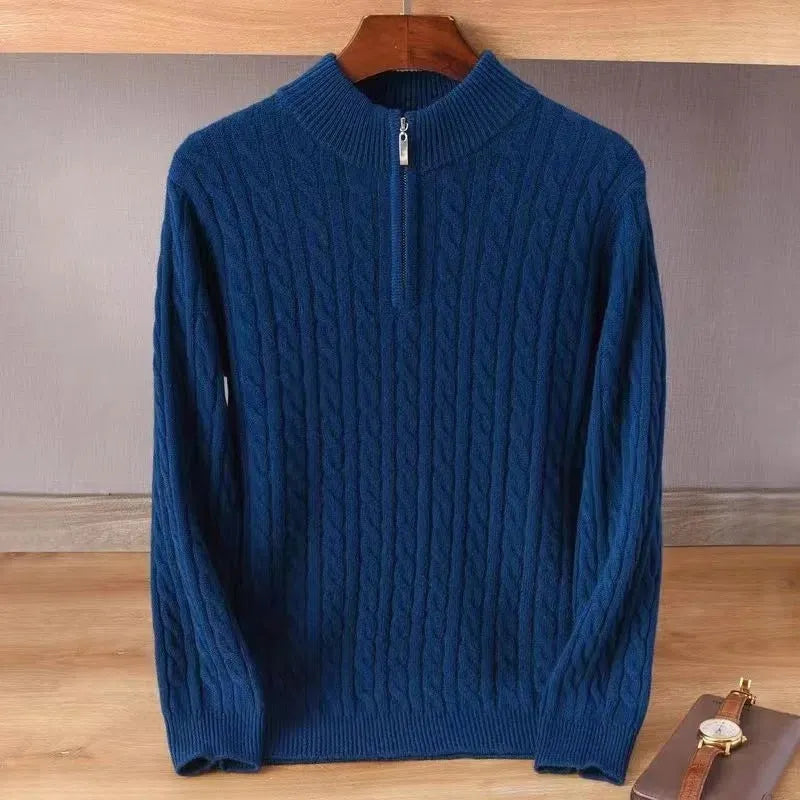 Men's thick twist jacquard sweater with half-zip high collar in grey, cotton blend and rabbit fur, long sleeve winter pullover