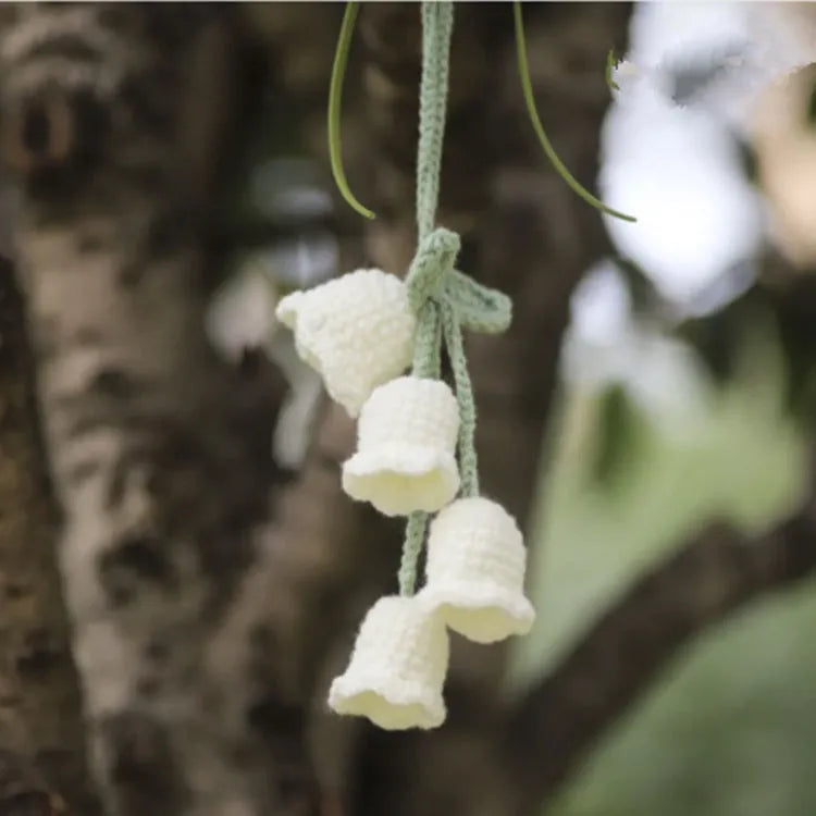 Green and white knitted wool car plant ornament with hanging rope.