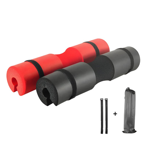 NBR foam barbell shoulder pad 44cmx10cm in black on a barbell with weight plates, for squats and hip thrusts