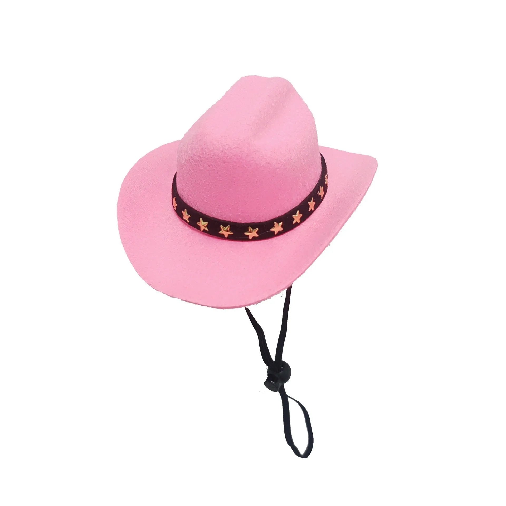 A black pet cowboy hat with a star decoration, shown with adjustable straps, sized for a cat or dog.
