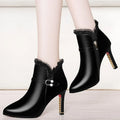 Women's over-the-knee black stiletto heel boots with side zipper and pointed toe