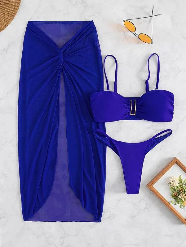 Multicolour French style bikini three-piece set with long culottes in eight colour options