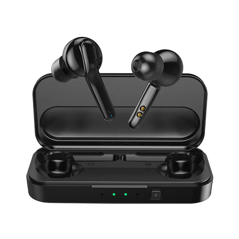 Black and white true wireless stereo earbuds with a charging case on a table