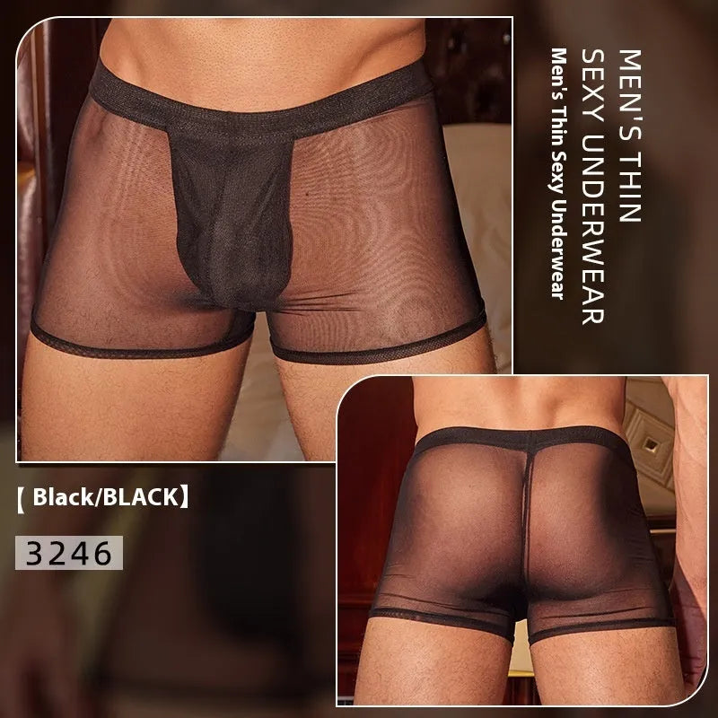 A pair of men's black ultra-thin nylon boxer briefs laid flat, showing free-size fit.