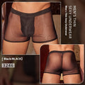 A pair of men's black ultra-thin nylon boxer briefs laid flat, showing free-size fit.