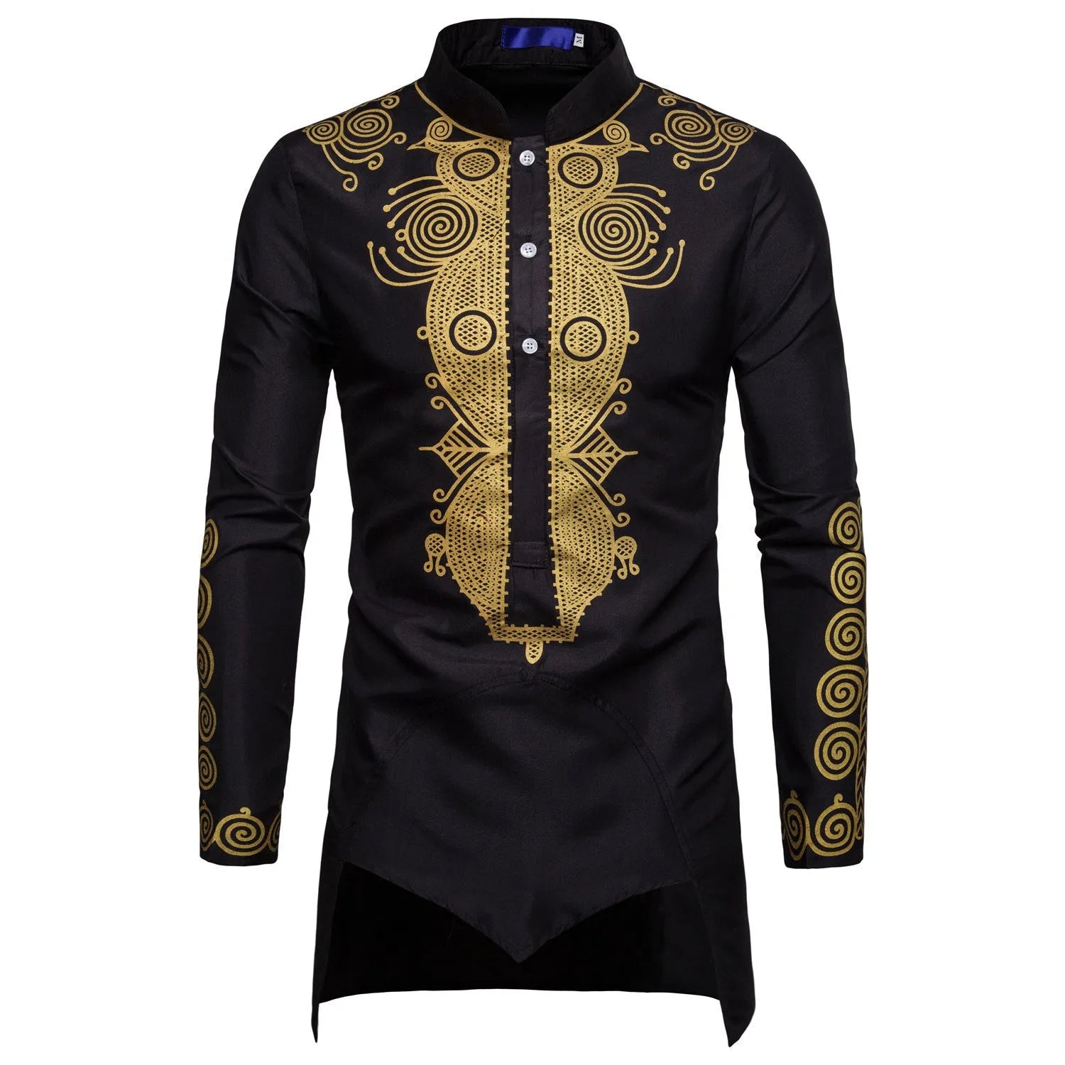 Men's African print long pullover hoodie in white with bronzing pattern, stand-up collar, and long sleeves