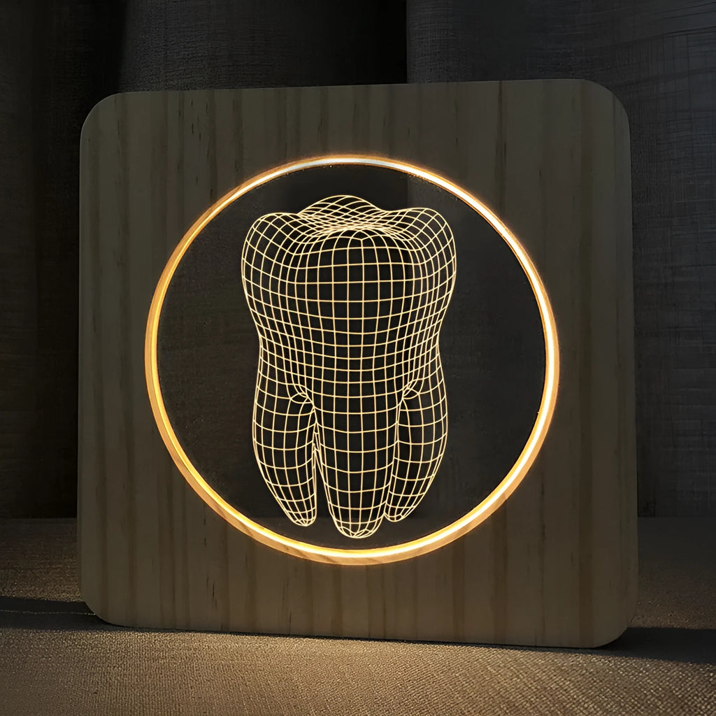 Small tooth-shaped acrylic night lamp in wood colour finish with USB cable