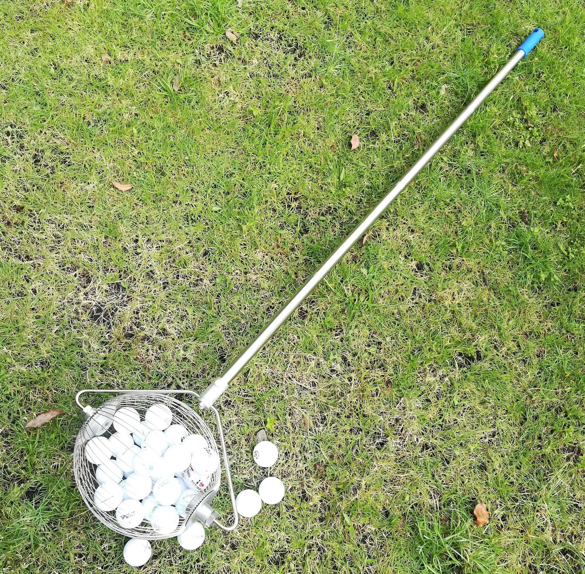 Metallic finish stainless steel golf ball picker tool with magnetic tip for retrieving golf balls