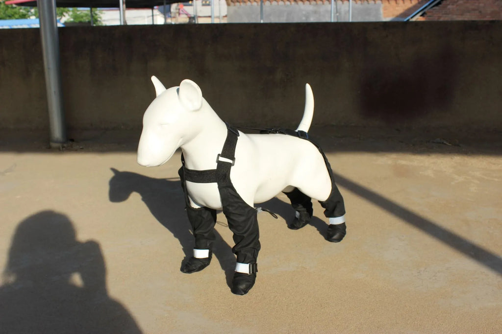 Black waterproof dog shoes with a strap closure and non-slip soles, shown in size L.