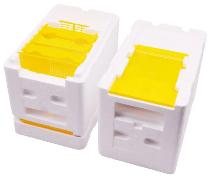 Three white EPS foam mini delivery boxes for beehive use as a breeding or tool set.