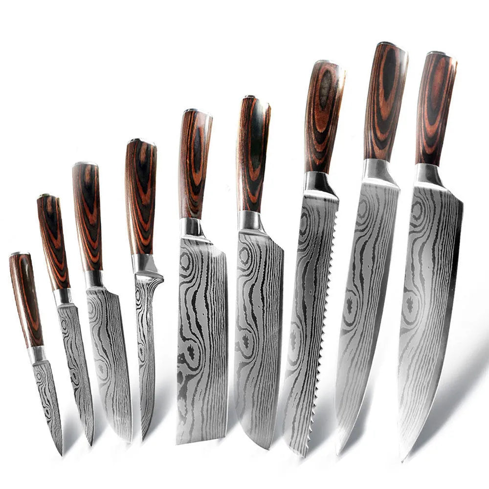 Chef knife with laser Damascus patterned blade and colour steel handle, length 30cm