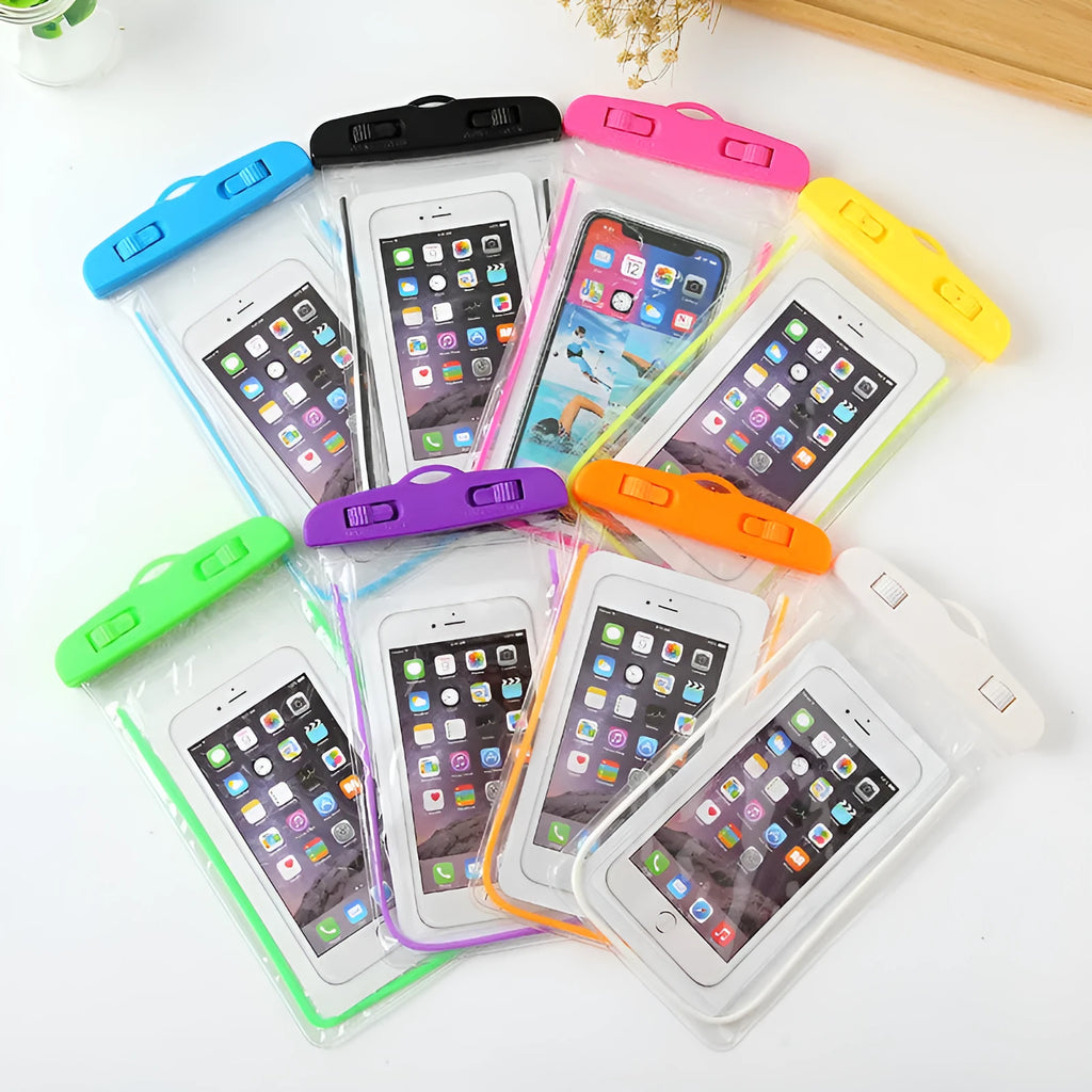 Glow-in-the-dark waterproof phone bag in PVC and ABS, 19x10.5cm, for outdoor rain protection