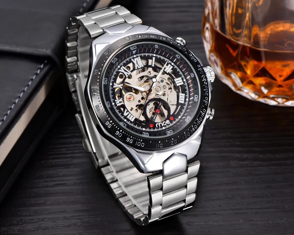 MCE men's explosion-proof mechanical watch on wrist, showing robust case and clear dial.