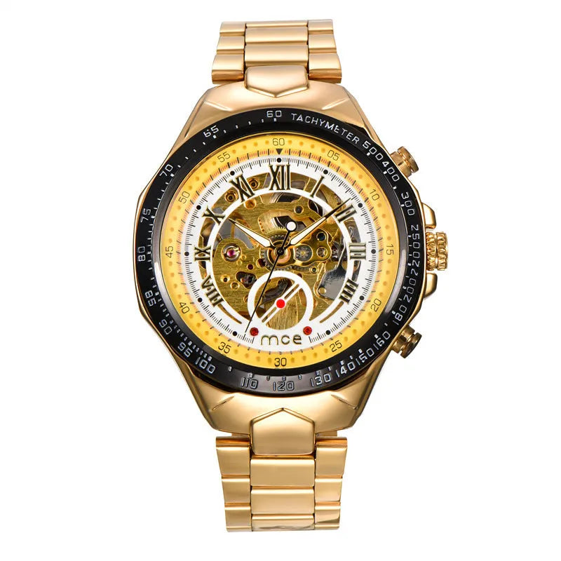 MCE men's explosion-proof mechanical watch on wrist, showing robust case and clear dial.