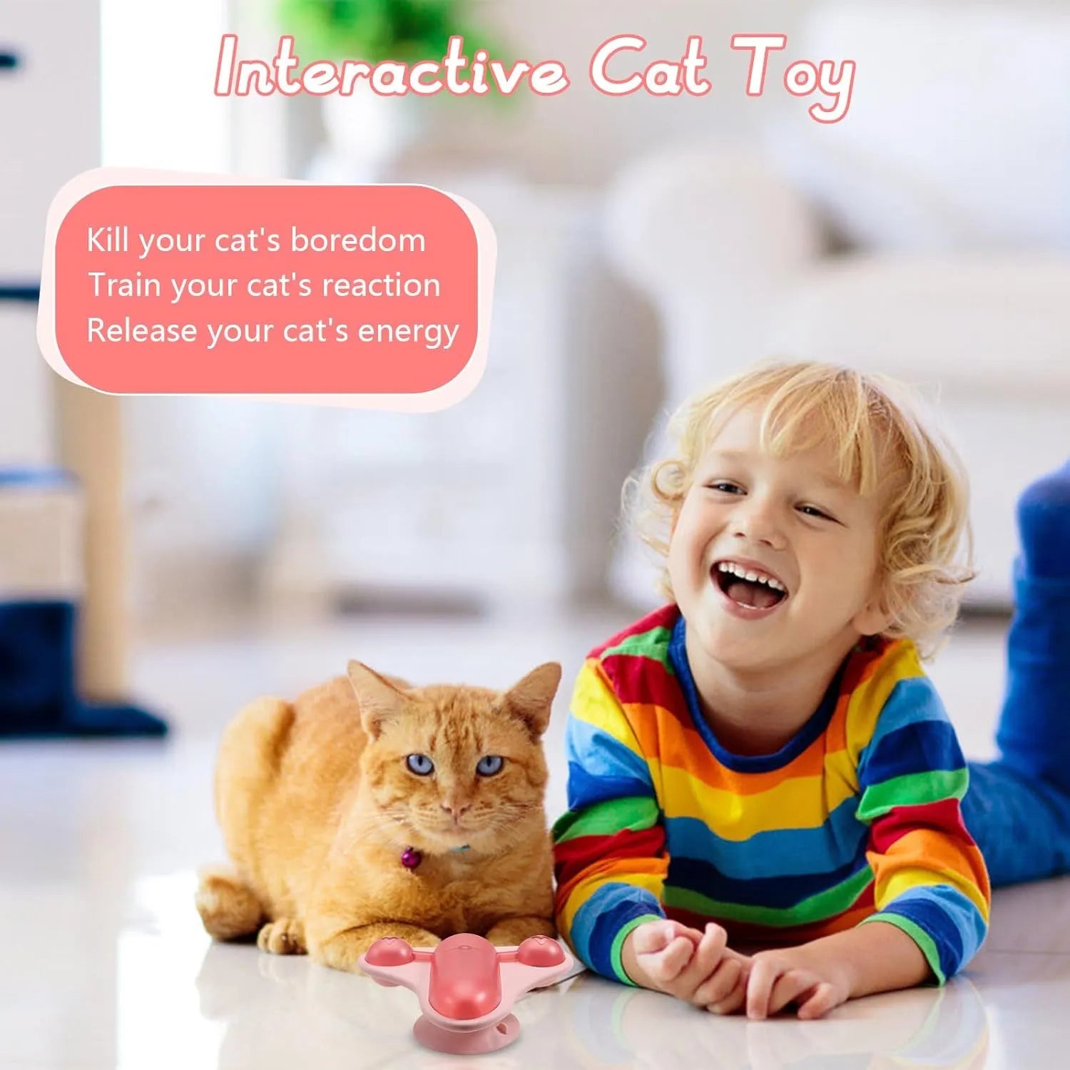 Blue interactive pet puzzle toy with bell and catnip attachments on smooth floor surface