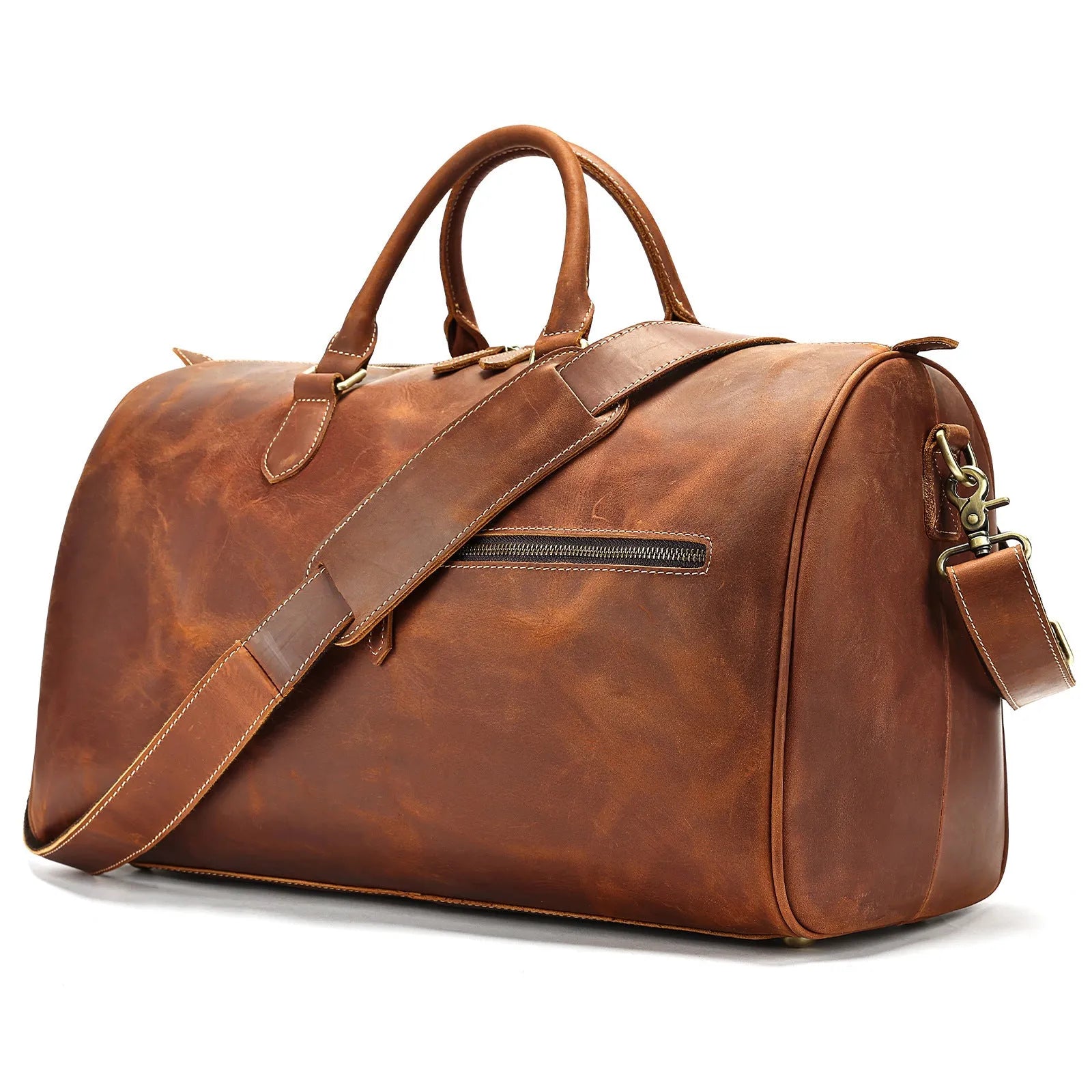 Vintage brown genuine leather large crossbody bag with strap shown open.