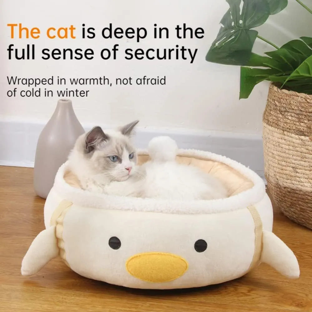 Green or yellow chick or dinosaur shaped cat bed that can be a flat sofa or a hanging hammock for small pets.