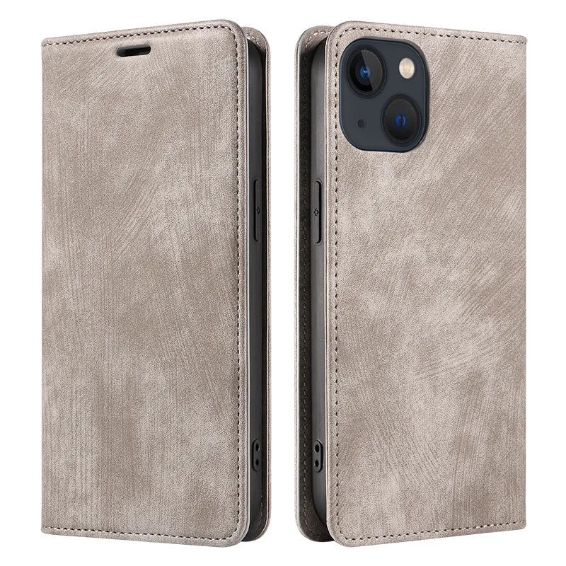 Magnetic flip phone case for iPhone in leather and TPU, shown closed and open with cards in slots.