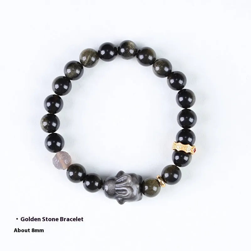 Handmade national style bracelet with a lying rabbit Jin Yaoshi charm and gray agate beads.