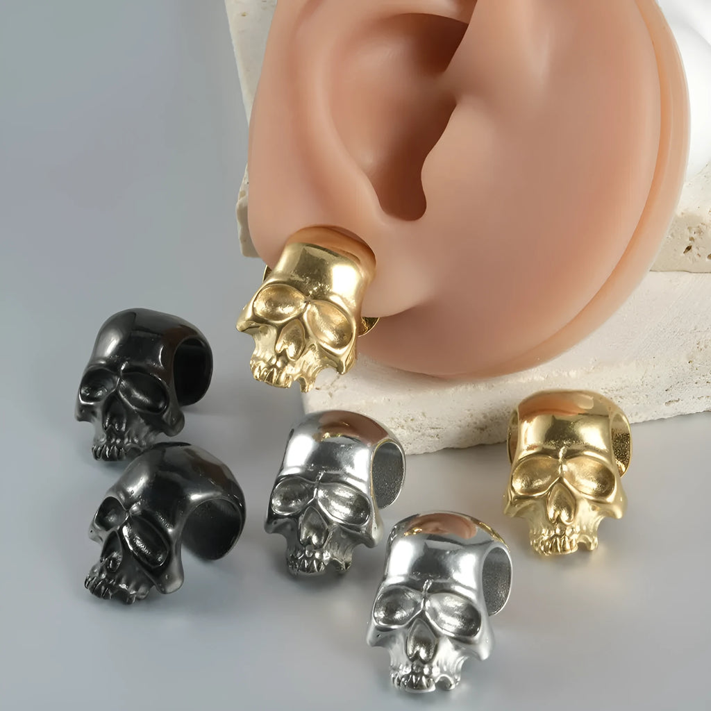 Personalised stainless steel hollow skull Buddha geometric earring in gold electroplate.