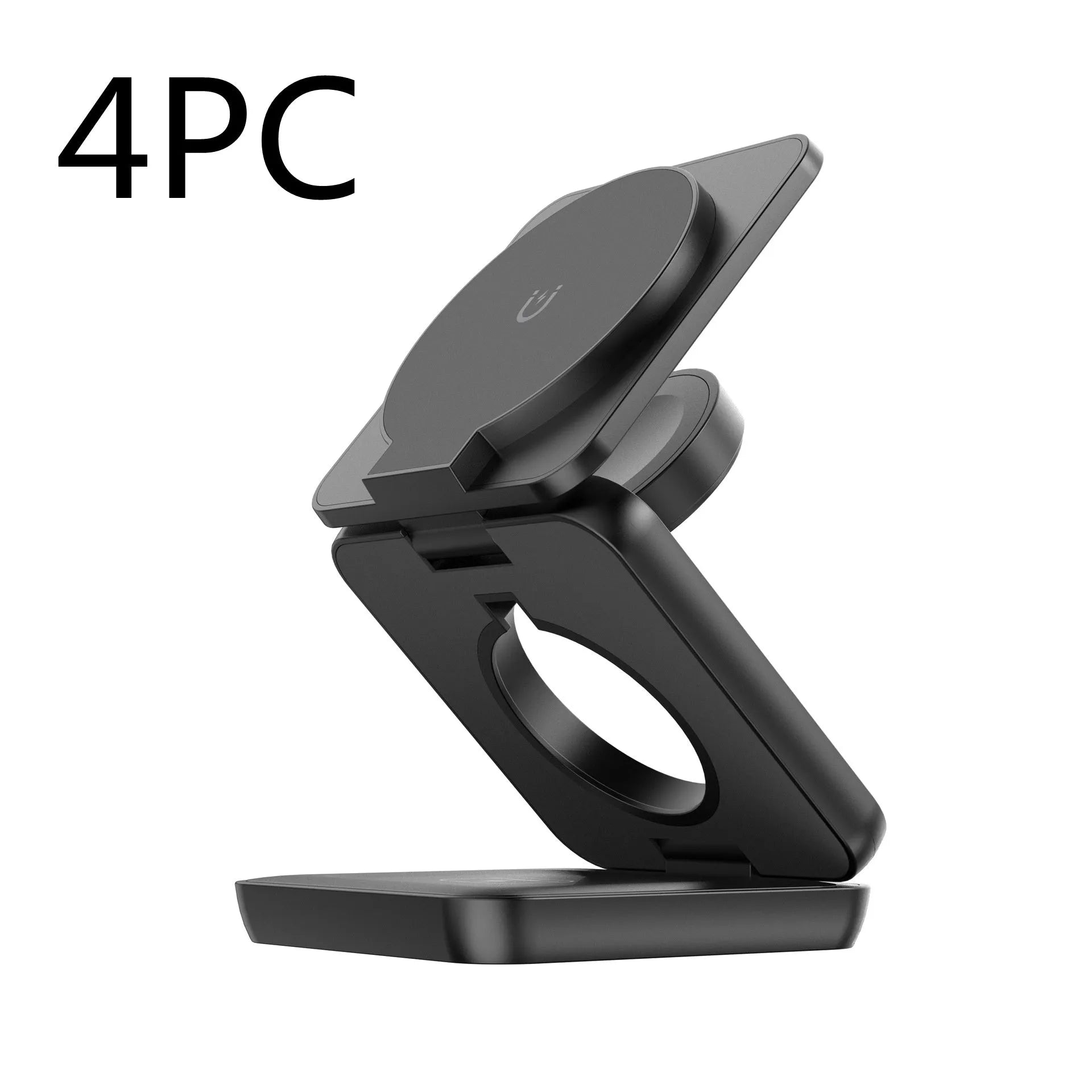 Black foldable magnetic wireless phone charging holder showing stand and compact size.