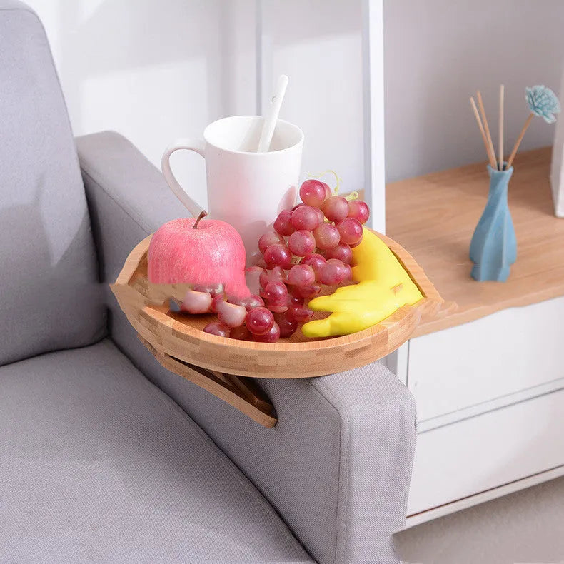 Wooden clip-on sofa armrest tray with carved surface in bamboo original colour