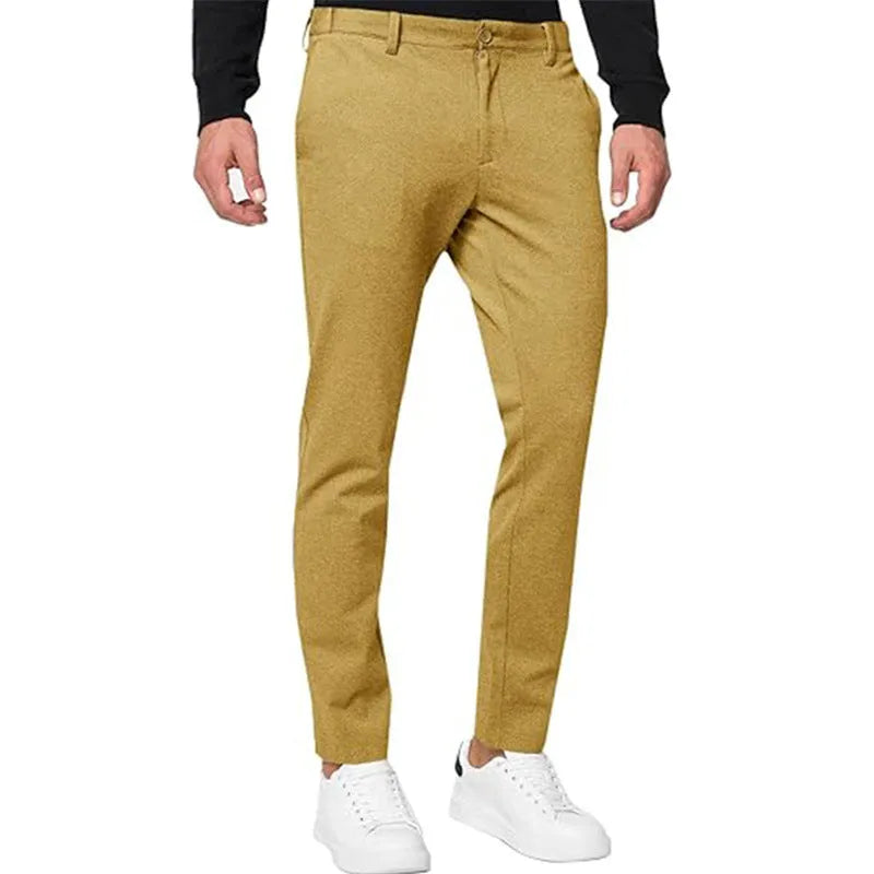 Men's slim-fit tapered chino trousers in a grey cotton blend fabric with a zipper fly.