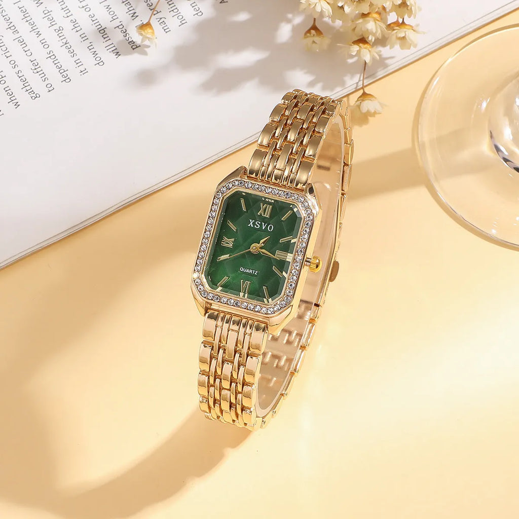 Gold Green square women's watch with alloy strap and four matching bracelets