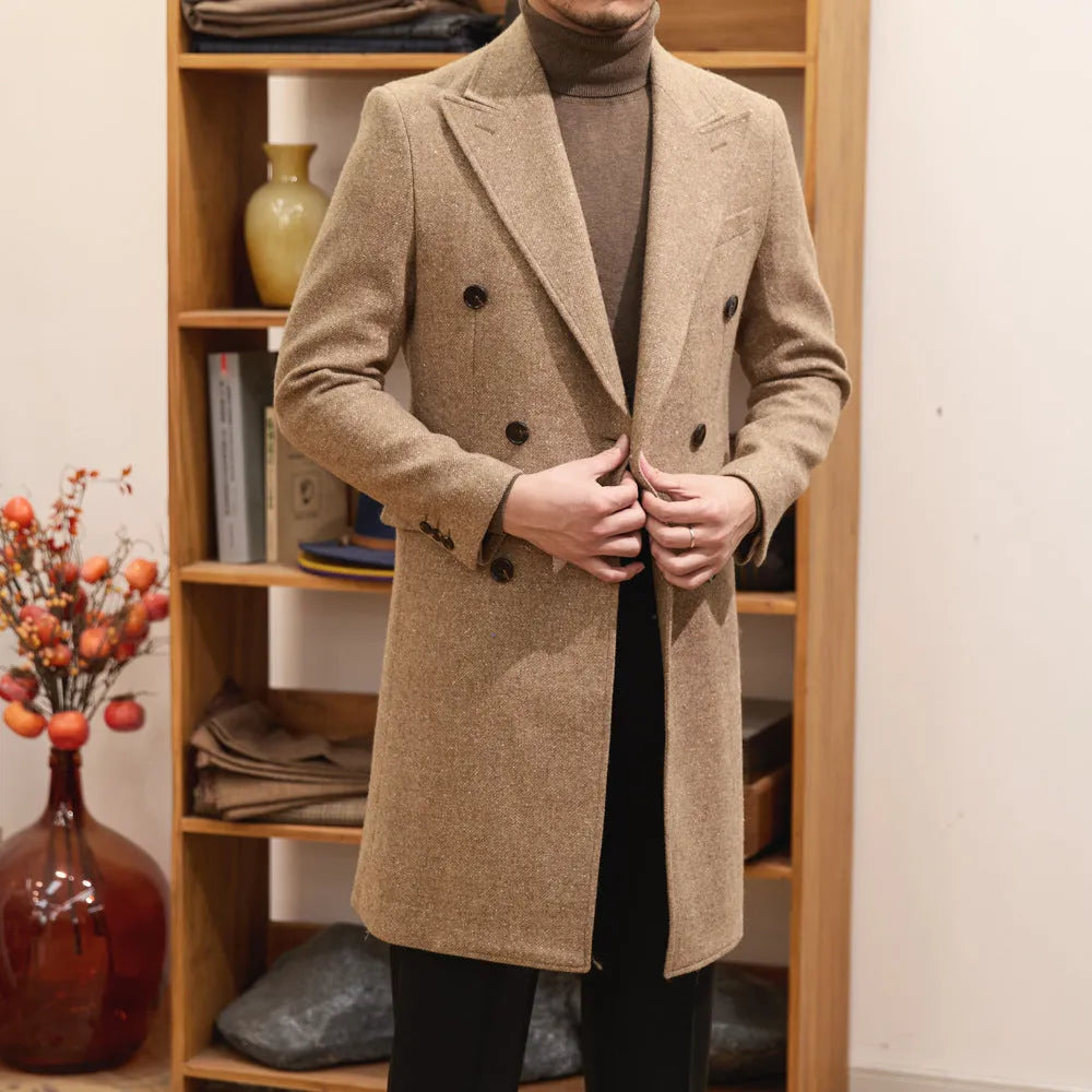 Men's brown wool double breasted slim fit jacket with side seam pockets and straight hem