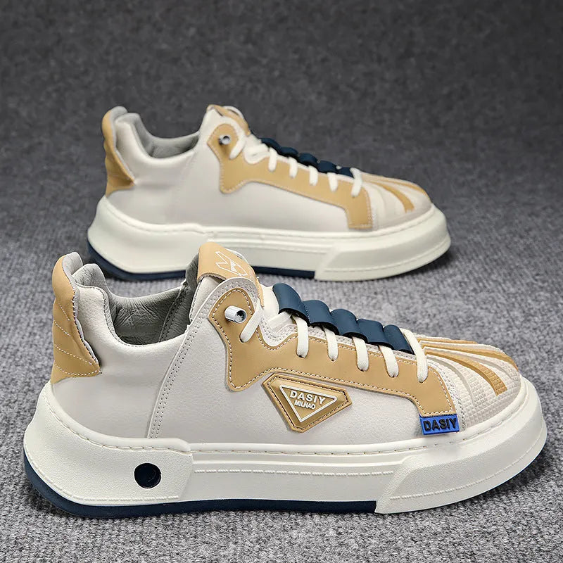 Men's beige low-top casual sneakers with elastic band and round toe