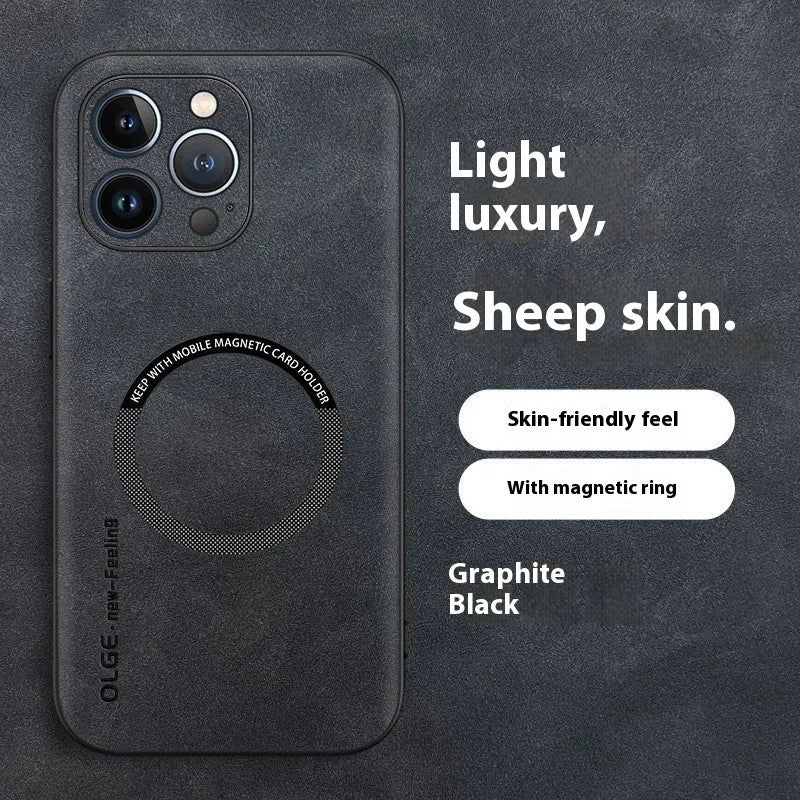 Magnetic sheepskin iPhone case in Graphite Black with built-in magnetic ring and all-inclusive drop-resistant PC shell