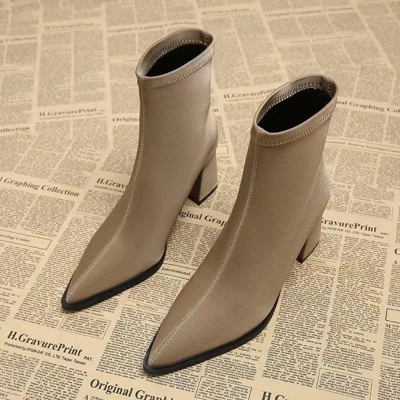 Women's stretch fashion suede pointed Martin boots in khaki with mid heel and rubber sole
