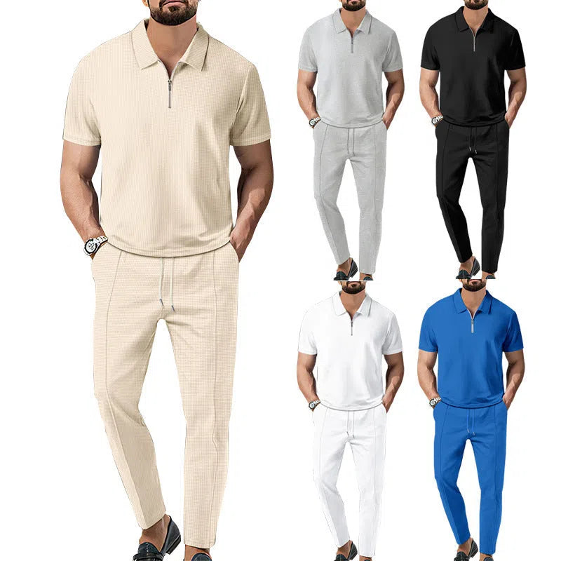 Men's solid colour waffle lapel suit set with short-sleeve top and trousers in khaki