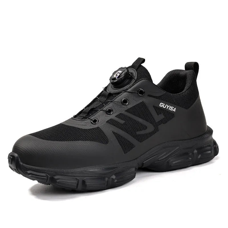 Black lightweight safety shoes with Flyknit upper and steel toe cap on a work site background.