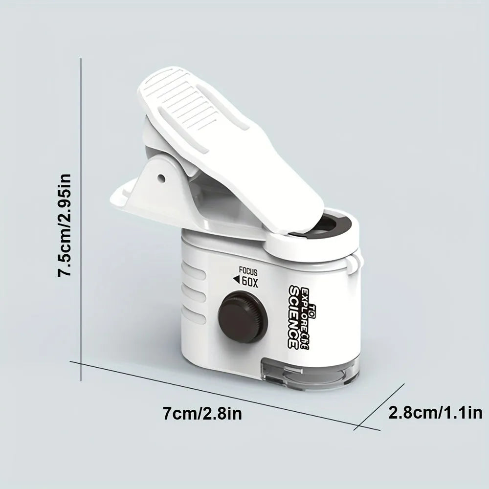 Mini 60x magnification mobile phone microscope with LED light and detachable phone clip on a white background.