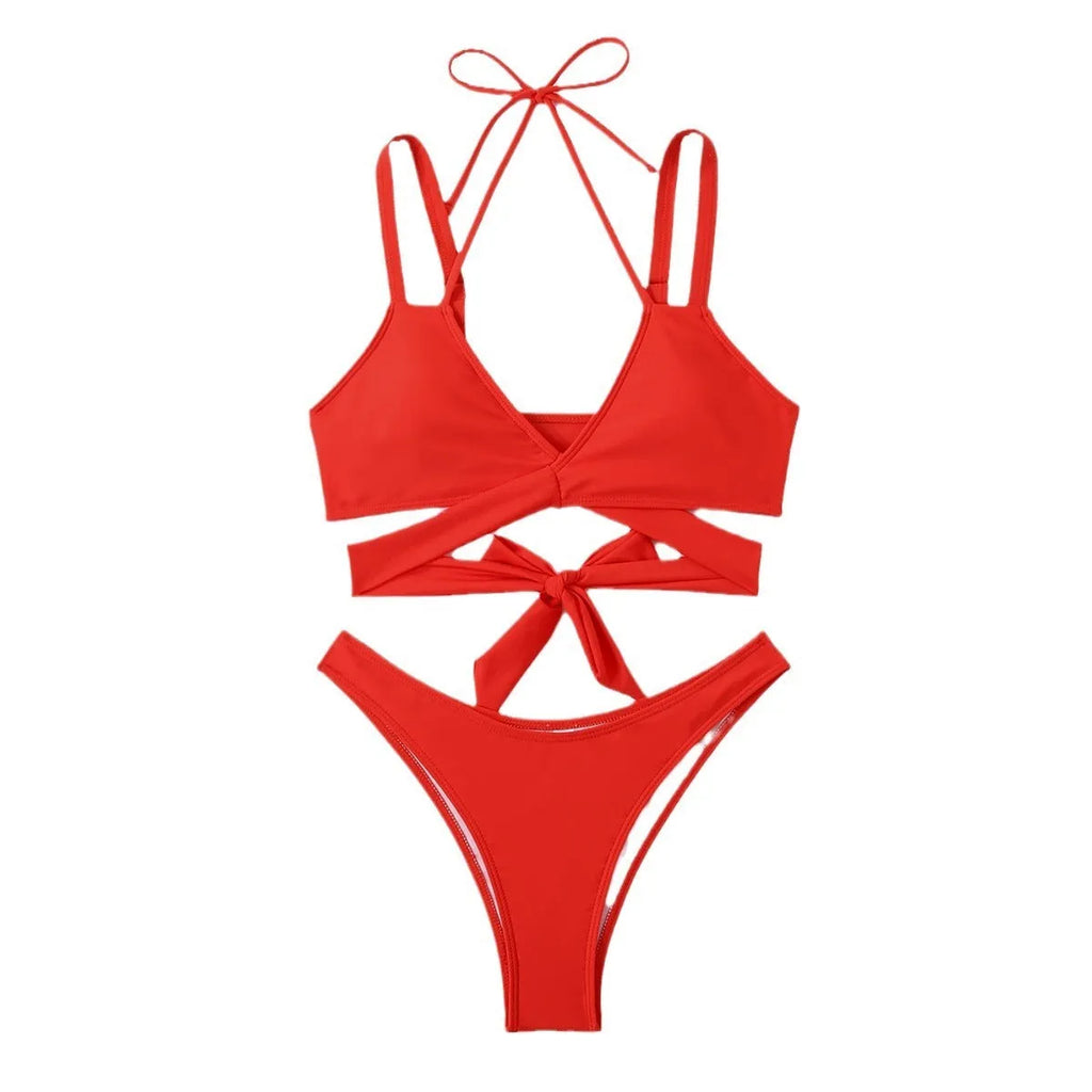 A solid colour women's strap bikini swimsuit on a white background.