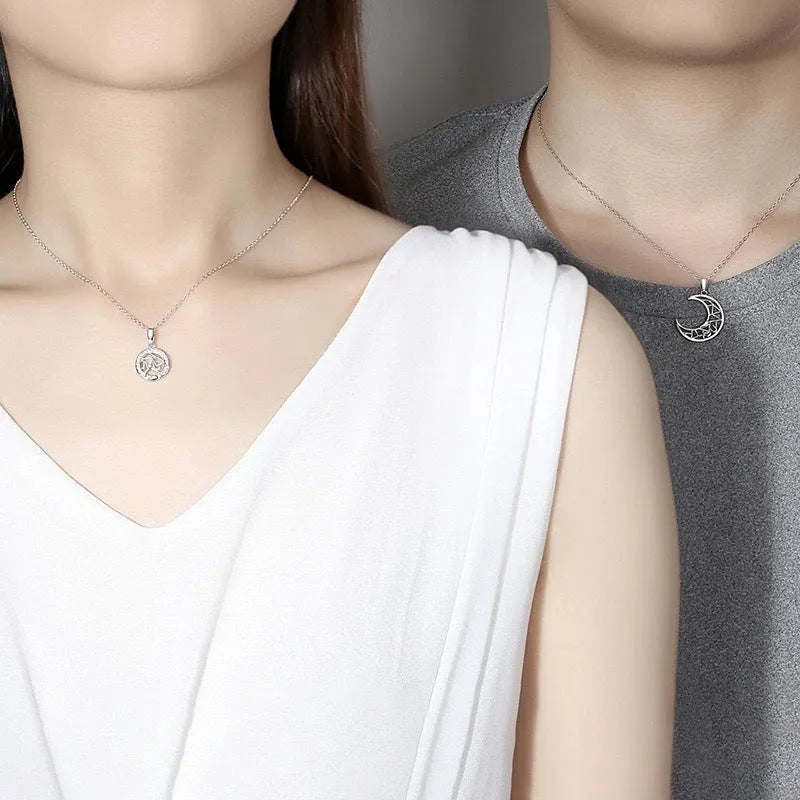 Sun moon couple necklace set with copper pendants on cross chains