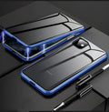 Black magnetic flip phone case with anti-peep screen for iPhone, showing metal frame.