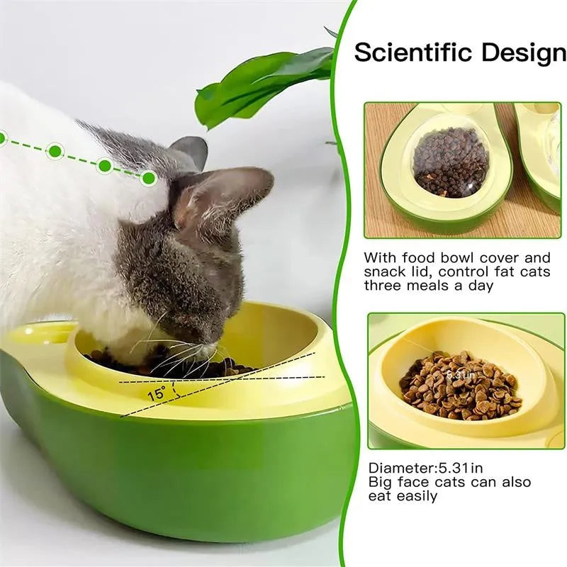 Green avocado-shaped pet feeder with automatic water bottle and separate food bowls
