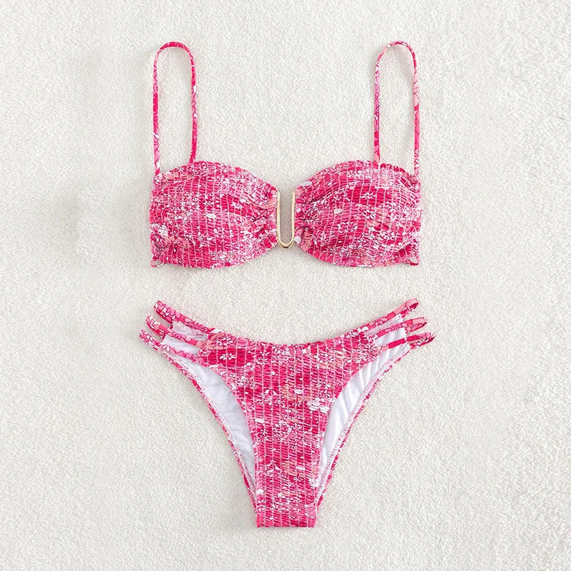Women's floral high-waist bikini swimsuit in solid colour with separate bra and panties