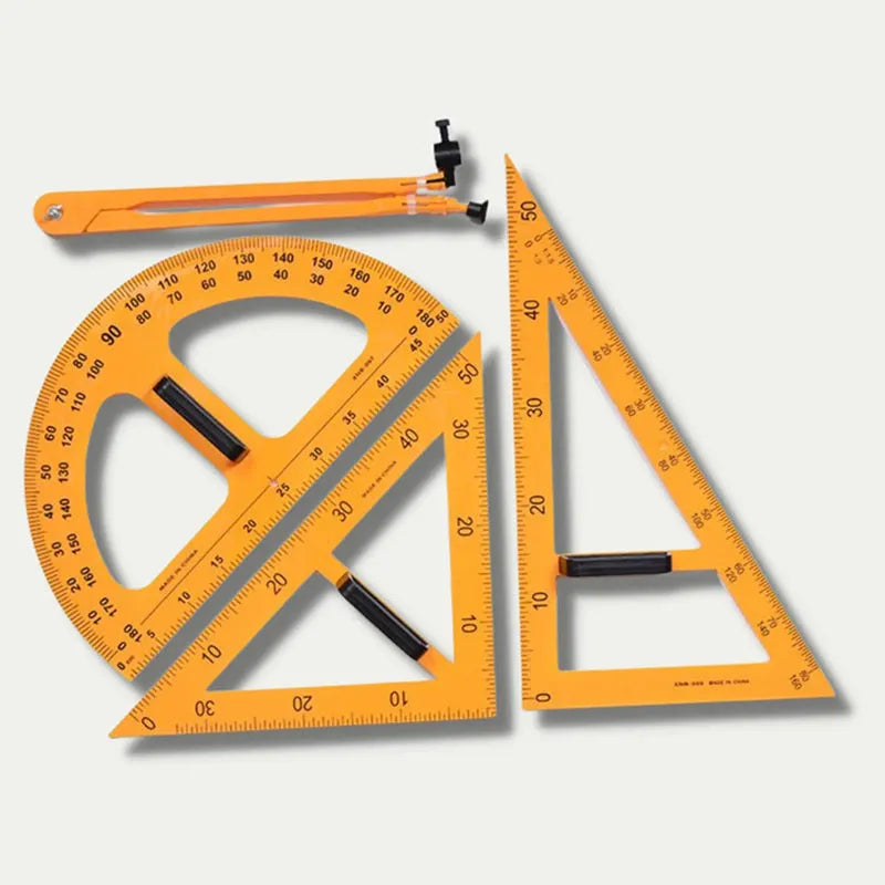 Orange and black mathematics teaching set with triangle rulers, protractor and chalk compass