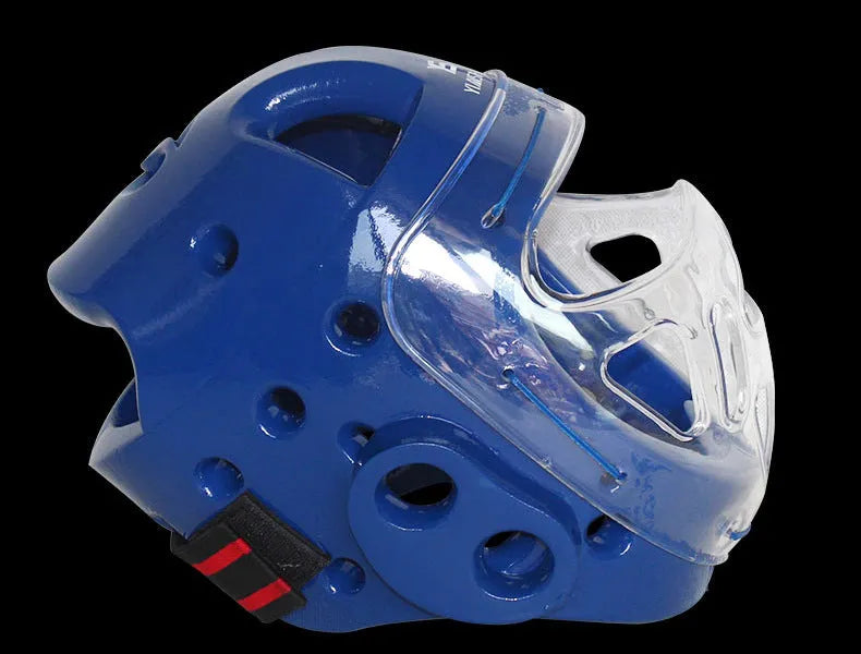 Blue, red, or white karate protective helmet for boxing head guard safety equipment.